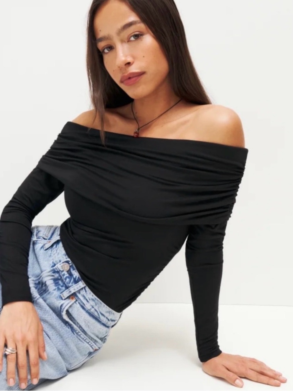 Reformation Black Off-Shoulder Long-Sleeve Women's Top